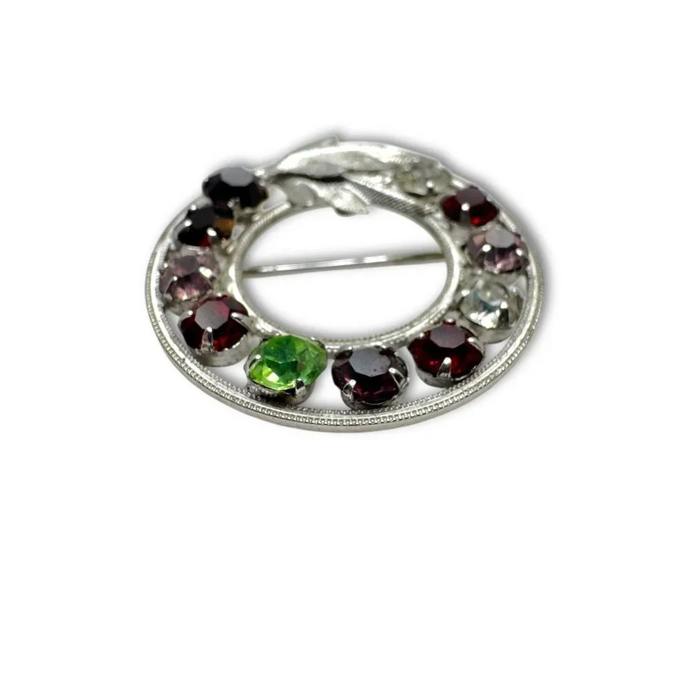 Vintage Curtis Designs Rhinestone Circle Brooch Multicolor Stones Silver-Tone